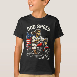 Us Flag Motorcycle Jesus Biker 4th Of July Outfit  T-Shirt
