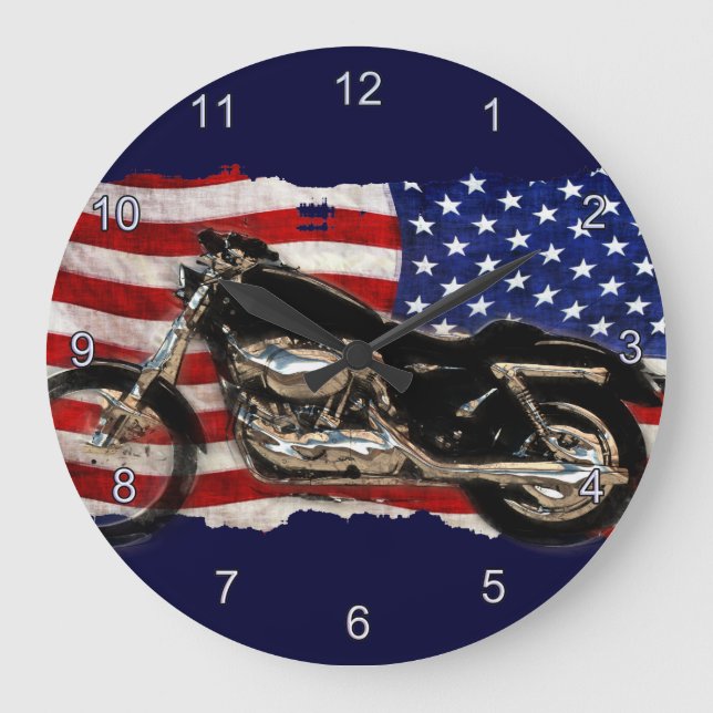 US Flag, Motorcycle, Motorbike, Hog Large Clock (Front)