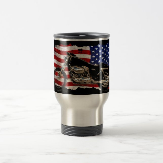 US Flag, Motorcycle, Motorbike, Hog, Travel Mug (Center)