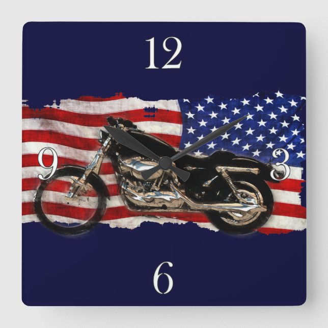 US Flag & Motorcycle, Motorbike, Patriotic Art Square Wall Clock (Front)