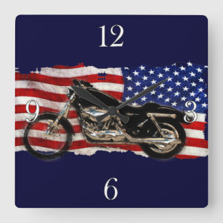 US Flag & Motorcycle, Motorbike, Patriotic Art Square Wall Clock