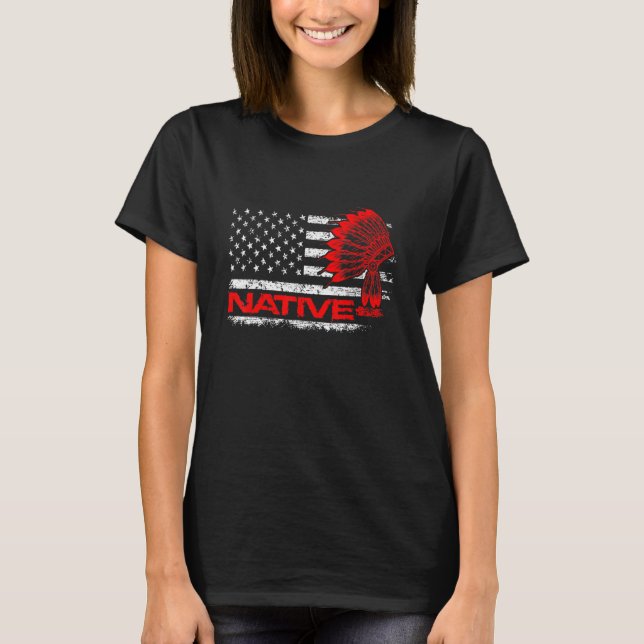 Us Flag Native American Headdress Indian Blood T-Shirt (Front)