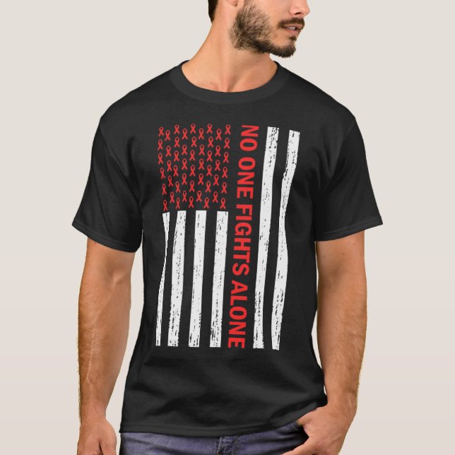 US Flag No Body Fights Alone Red Ribbon Awareness  T-Shirt (Front)