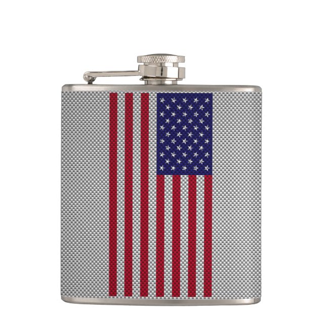 US Flag on Carbon Fibre Like Print Hip Flask (Front)