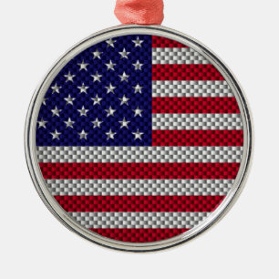 US Flag on Carbon Fibre Like Print Metal Tree Decoration