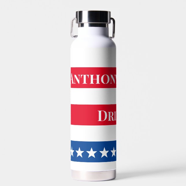 US Flag Personalised Red White and Blue Water Bottle (Front)