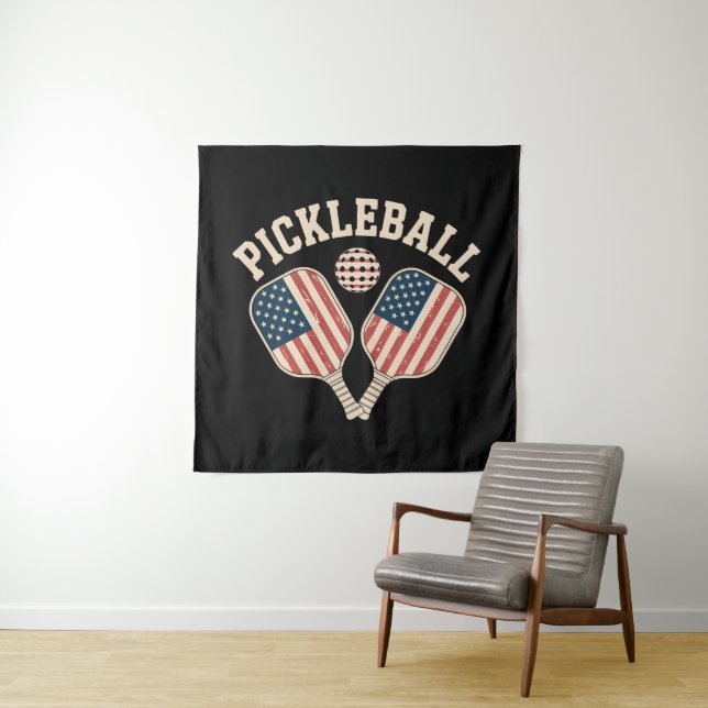 US Flag Pickleball Player Tapestry (In Situ)