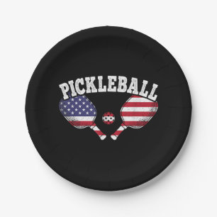 US Flag Pickleball Player Vintage Pickle Ball Love Paper Plate