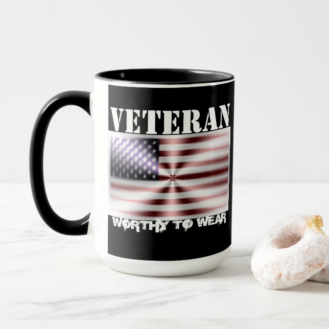 US Flag Shield - Veteran - Worthy To Wear Mug (With Donut)