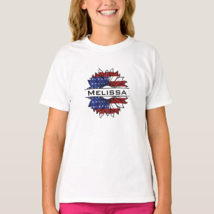 US Flag Sunflower With Name Girl's T-Shirt