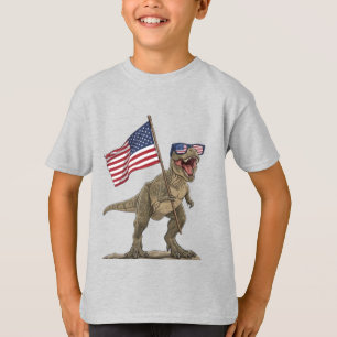 US Flag T-Rex Kids Cartoon Shirt - Patriotic Tee