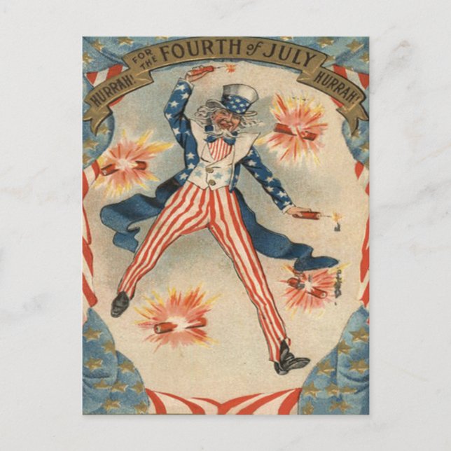 US Flag Uncle Sam Fireworks Firecracker Postcard (Front)