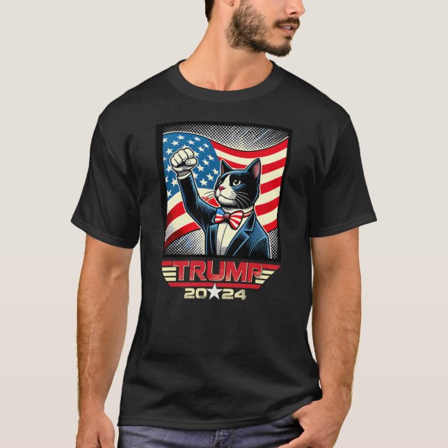 US Flag Vote For Trump 2024 Fist Tuxedo Cat T-Shirt (Front)