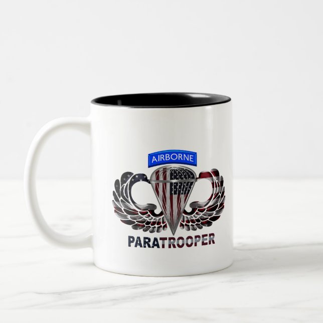US Flag With Airborne Wings and Paratroopers Two-Tone Coffee Mug (Left)