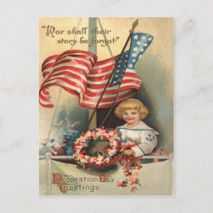 US Flag Wreath Ship Boy Uniform Memorial Day Postcard