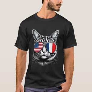 US French Cat Sunglasses Design France USA Flag T-Shirt