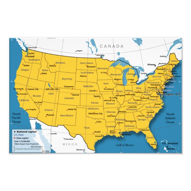 US Map US Map With State Names and Capitals Photo Print (Front)