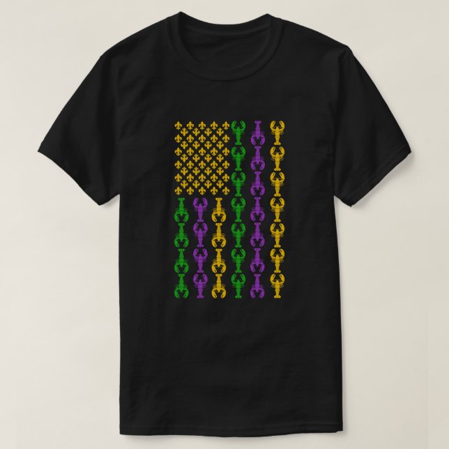 US Mardi Gras Flag with Fleur de Lis Crawfish T-Shirt (Design Front)