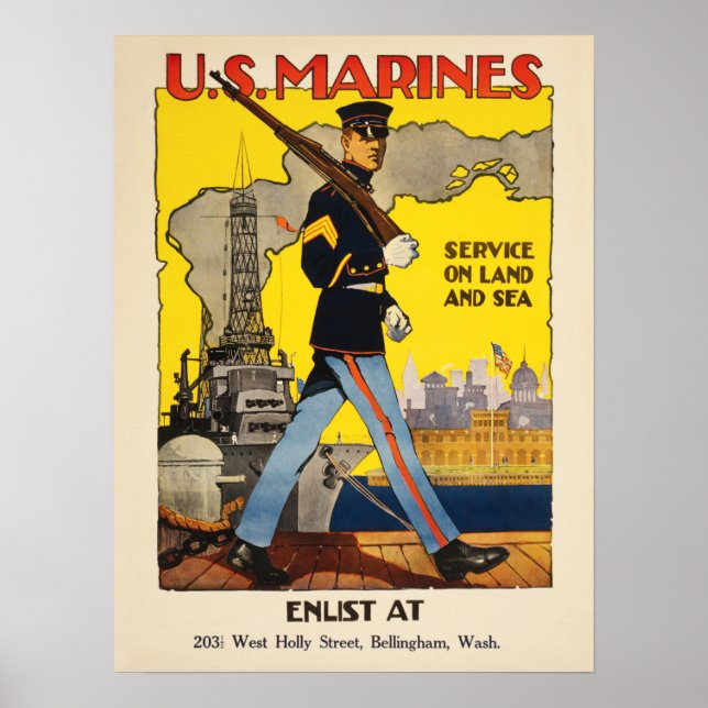 US Marines Service On Land and Sea American WW1 Poster (Front)