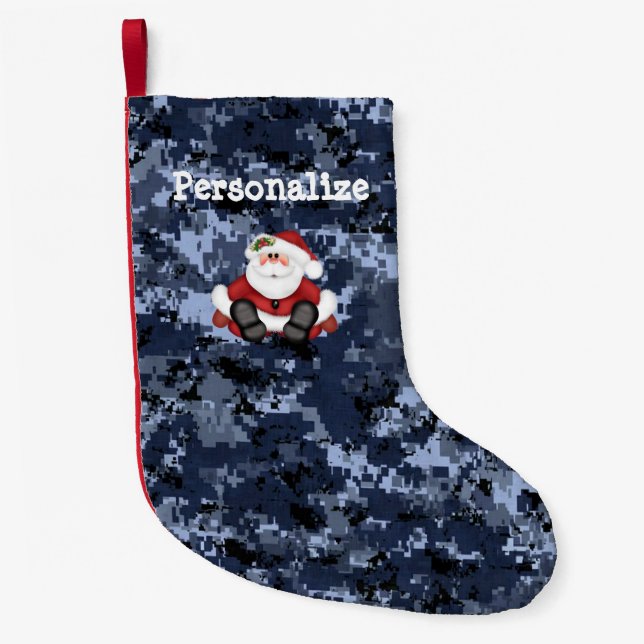 US Military Blue Camo Christmas Stocking w/ Santa (Front)