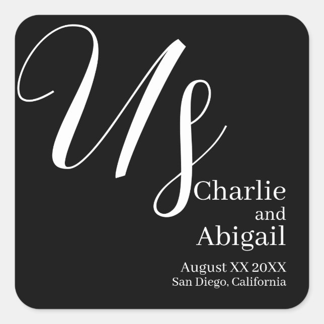 US Modern Romantic Wedding on Black Square Sticker (Front)