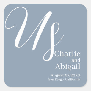 US Modern Romantic Wedding on Dusty Blue Square Sticker
