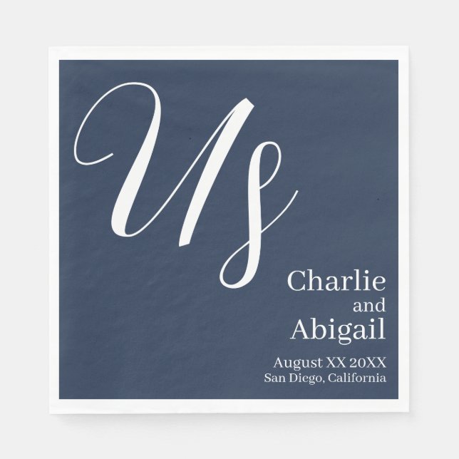 US Modern Romantic Wedding on Navy Blue Napkin (Front)