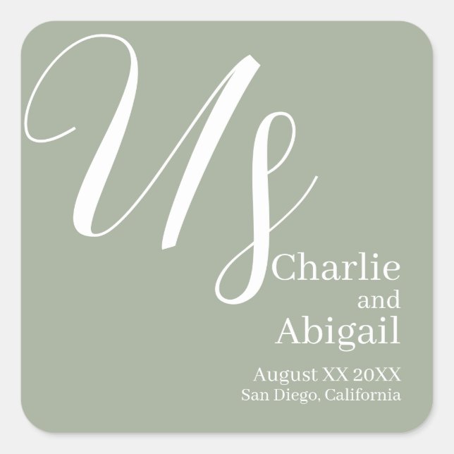 US Modern Romantic Wedding on Sage Green Square Sticker (Front)