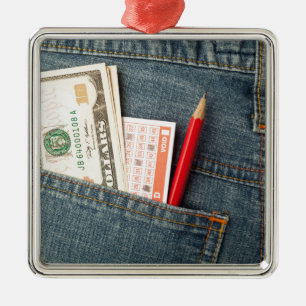US money and lottery bet slip in pocket Metal Tree Decoration