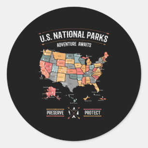 Us National Parks Map Preserve Protect Hiking Camp Classic Round Sticker