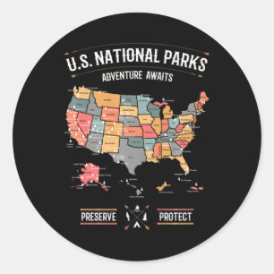 Us National Parks Map Preserve Protect Hiking Camp Classic Round Sticker