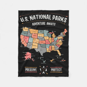 Us National Parks Map Preserve Protect Hiking Camp Fleece Blanket