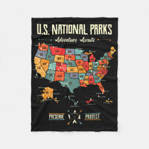 Us National Parks Map Preserve Protect Hiking Camp Fleece Blanket