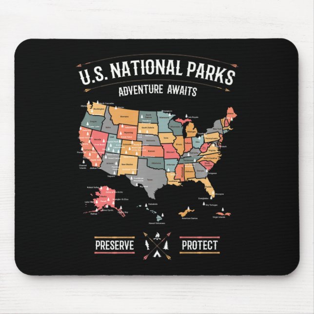 Us National Parks Map Preserve Protect Hiking Camp Mouse Mat (Front)