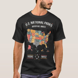 US National Parks Map Preserve Protect Hiking Camp T-Shirt