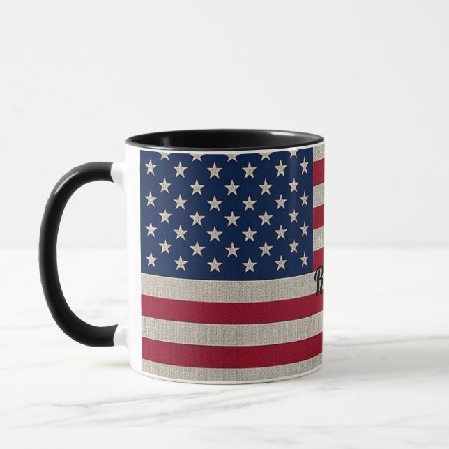 US Patriotic American Flag Linen Calligraphy Text Mug (Left)