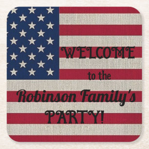 US Patriotic American Flag Linen Calligraphy Text Square Paper Coaster