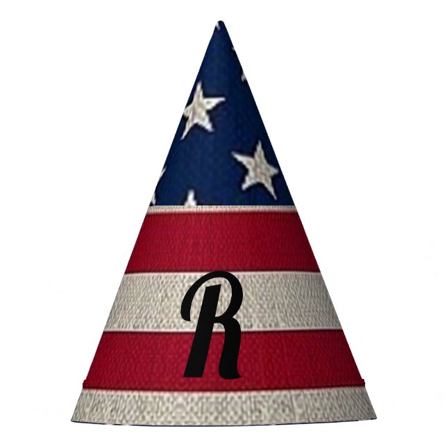 US Patriotic American Flag Linen Monogram Text Party Hat (Front)
