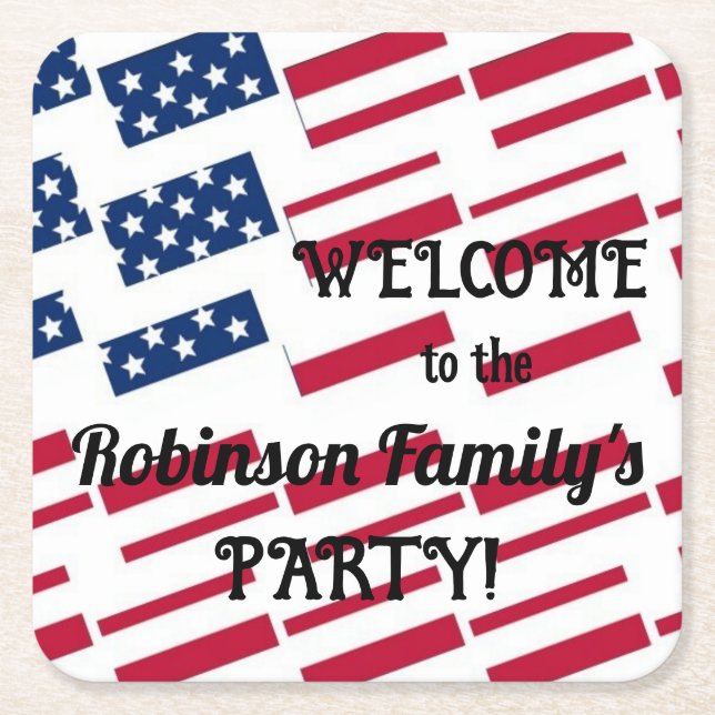 US Patriotic American Flag Tiles Calligraphy Text  Square Paper Coaster (Front)