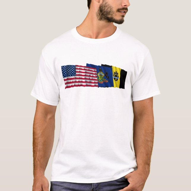 US, Pennsylvania and Pittsburgh Flags T-Shirt (Front)