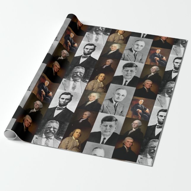 US Presidents Plus Hamilton and Franklin History Wrapping Paper (Unrolled)