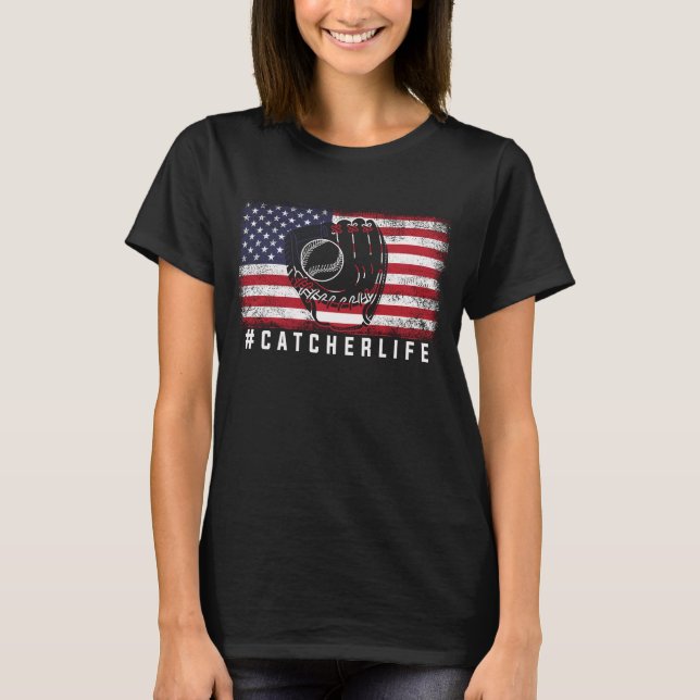 US Softball Player American Flag Softball Catcher T-Shirt (Front)