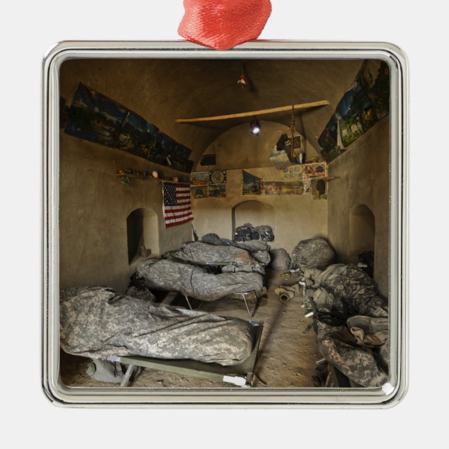 US Soldiers sleep in an abandoned mud house Metal Tree Decoration (Front)