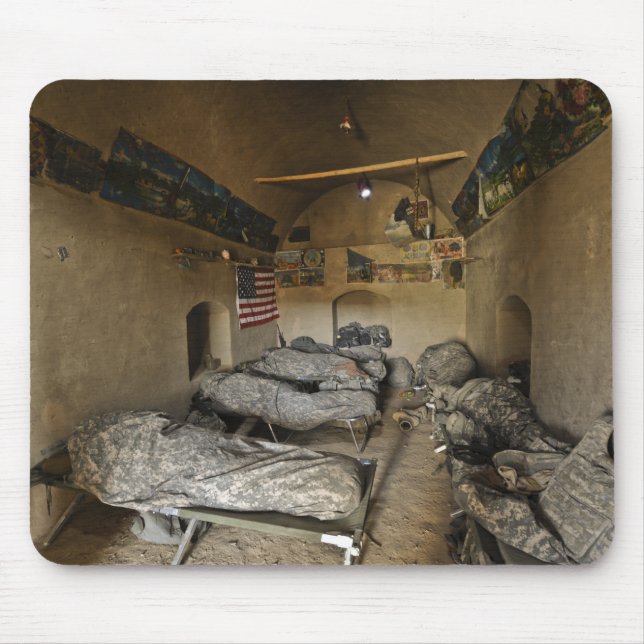 US Soldiers sleep in an abandoned mud house Mouse Mat (Front)