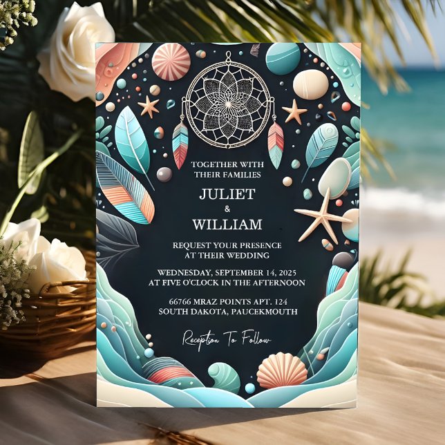 Us Tribal Aqua Sand Work Stacked Sea Glass Wedding Invitation (Creator Uploaded)