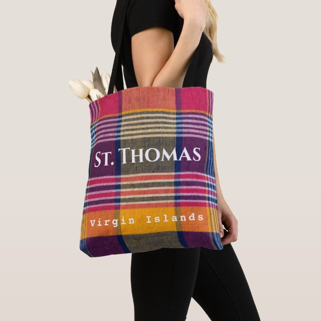 US Virgin Islands St. Thomas USVI Madras Pattern Tote Bag (Close Up)