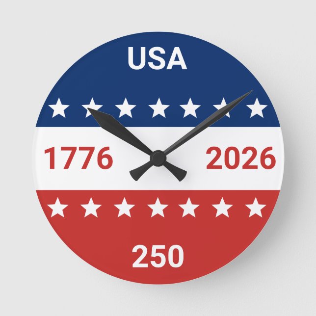 USA 1776 2026 250th Anniversary Red White Blue Round Clock (Front)