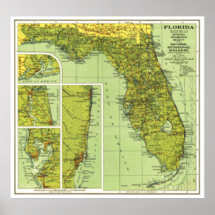 " USA: 1930/heute Florida - Detaillierte Landkarte Poster