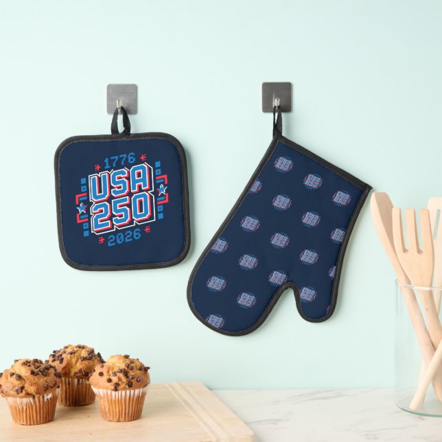 USA 250 – 1776 to 2026 Pixel Art Oven Mitt & Pot Holder Set (Insitu(Hanging))