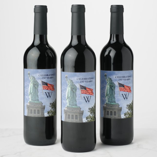 USA 250 American Flag Statue of Liberty Monogram  Wine Label (Bottles)